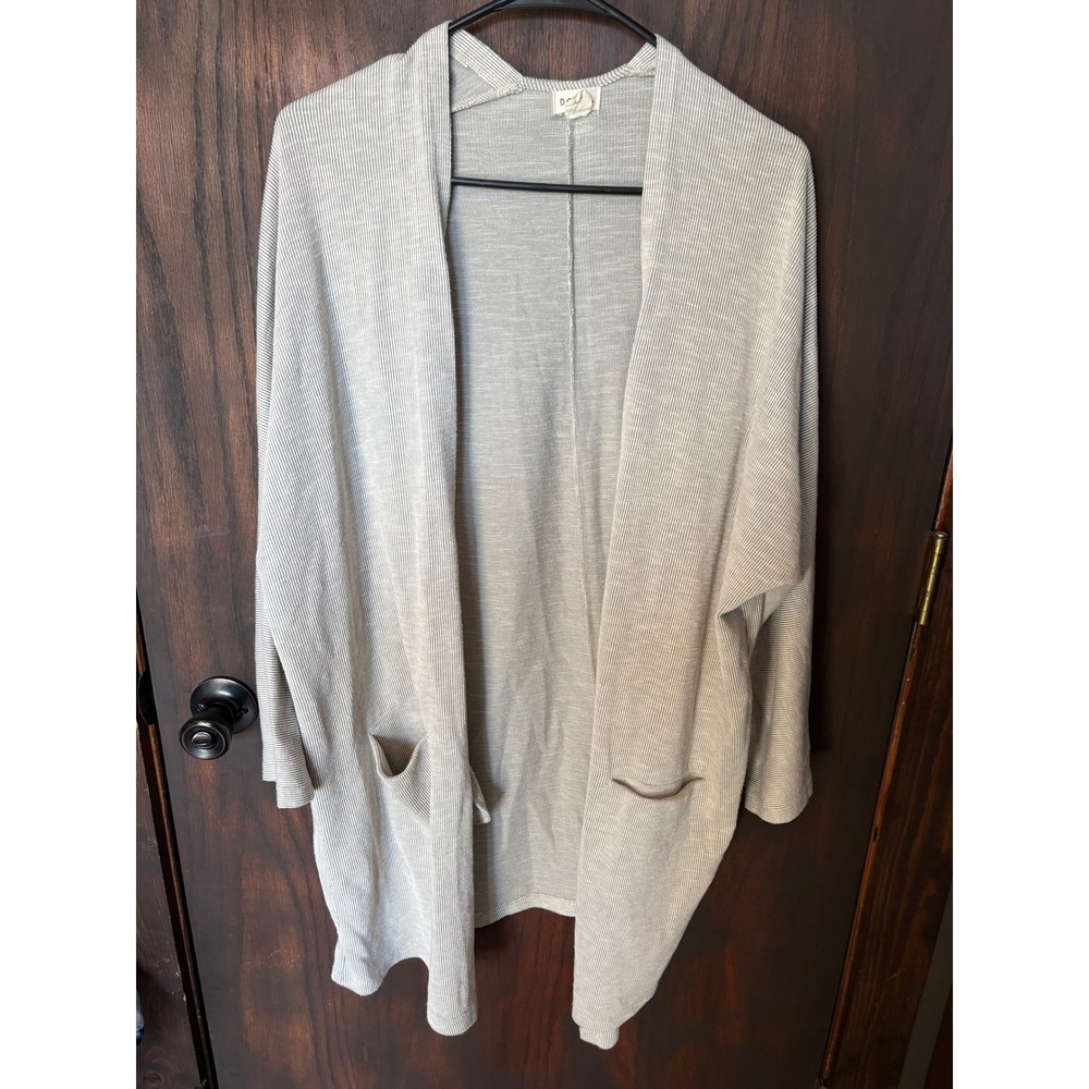 Donni Grey White Striped Ribbed Open Front Cardigan Pockets OSFA Womens Sweater